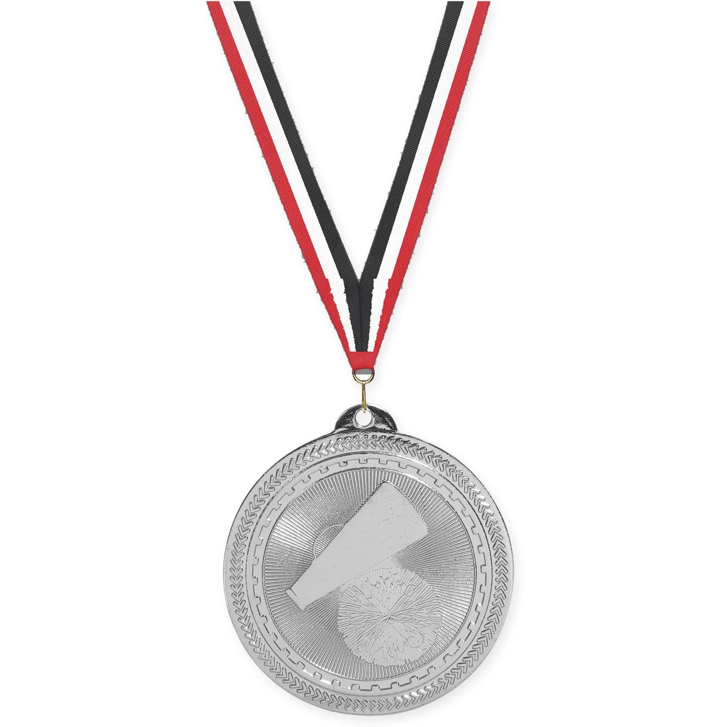 2 inch cheerleading Sunburst medal in bright silver with Red White Black neck ribbon