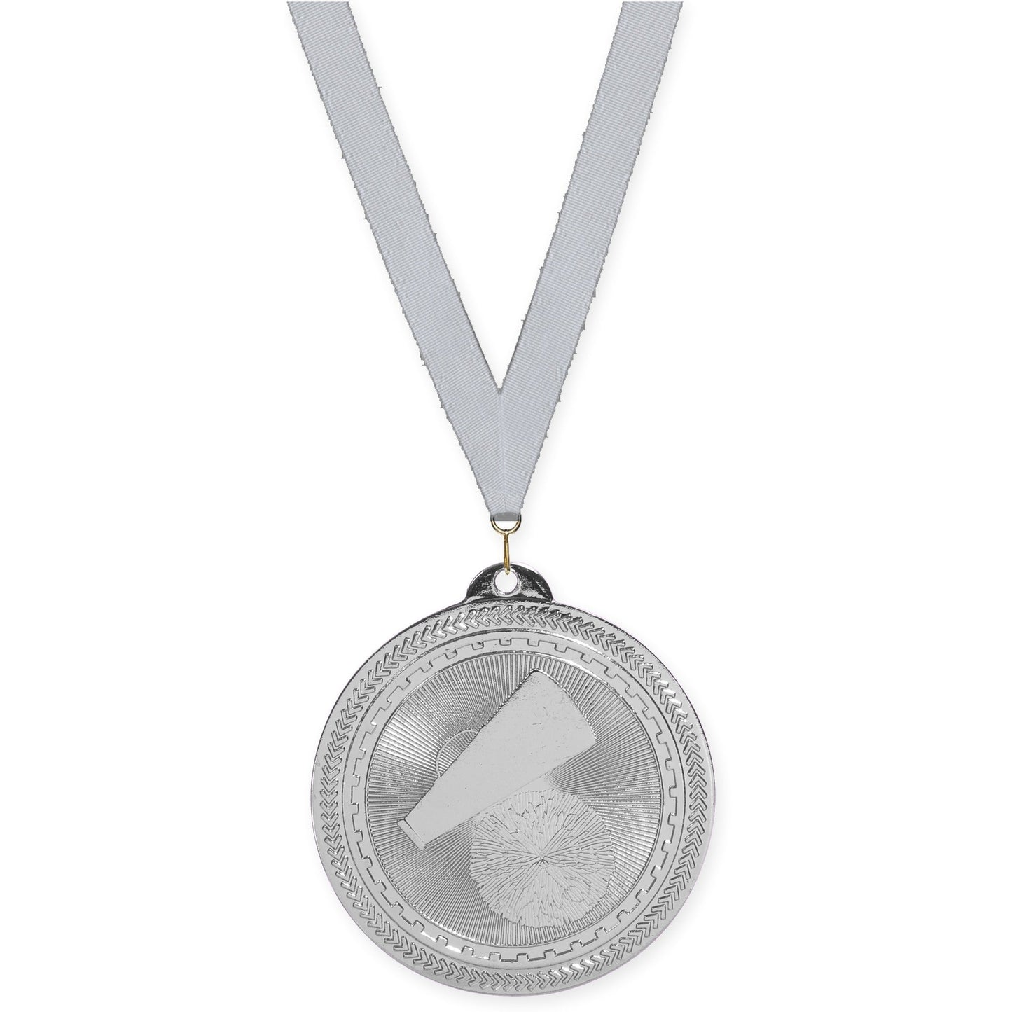2 inch cheerleading Sunburst medal in bright silver with Silver Metallic neck ribbon