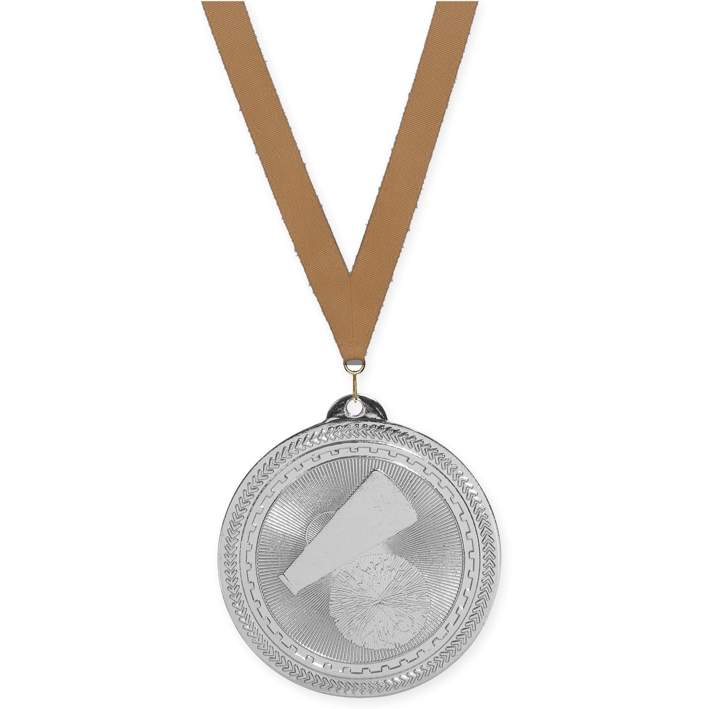 2 inch cheerleading Sunburst medal in bright silver with Bronze Metallic neck ribbon