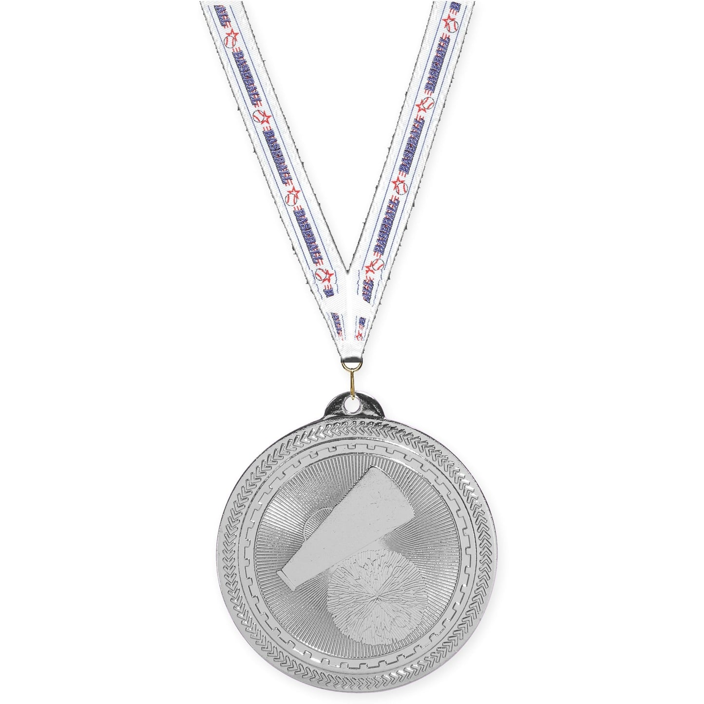 2 inch cheerleading Sunburst medal in bright silver with Baseball neck ribbon