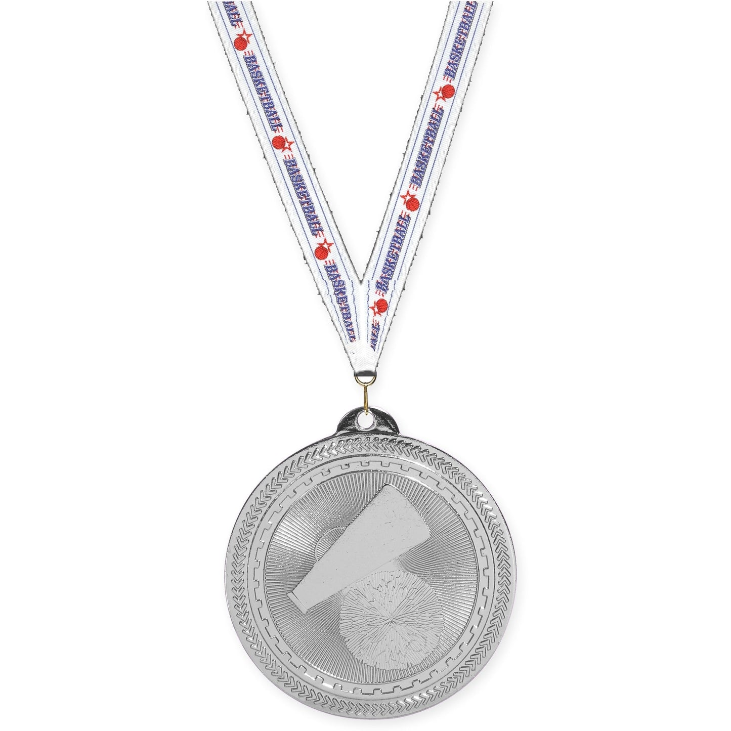 2 inch cheerleading Sunburst medal in bright silver with Basketball neck ribbon