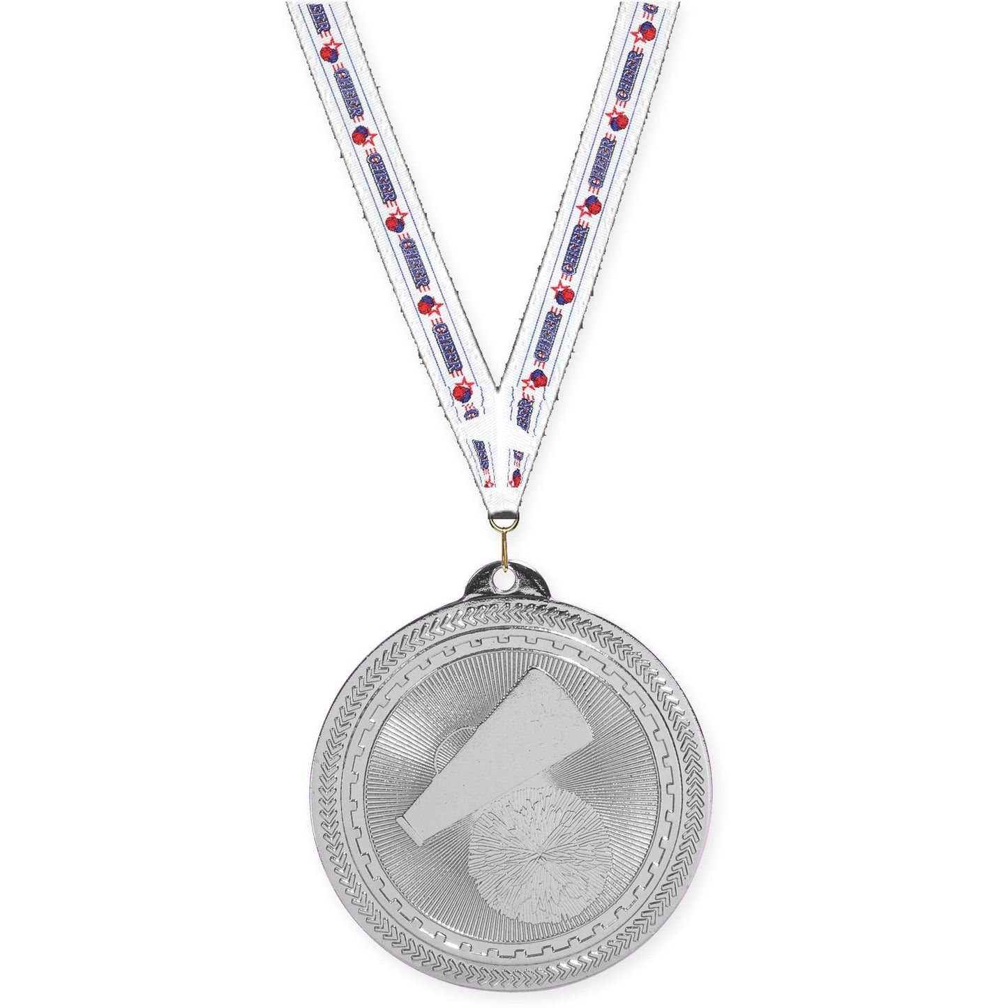 2 inch cheerleading Sunburst medal in bright silver with Cheerleading neck ribbon