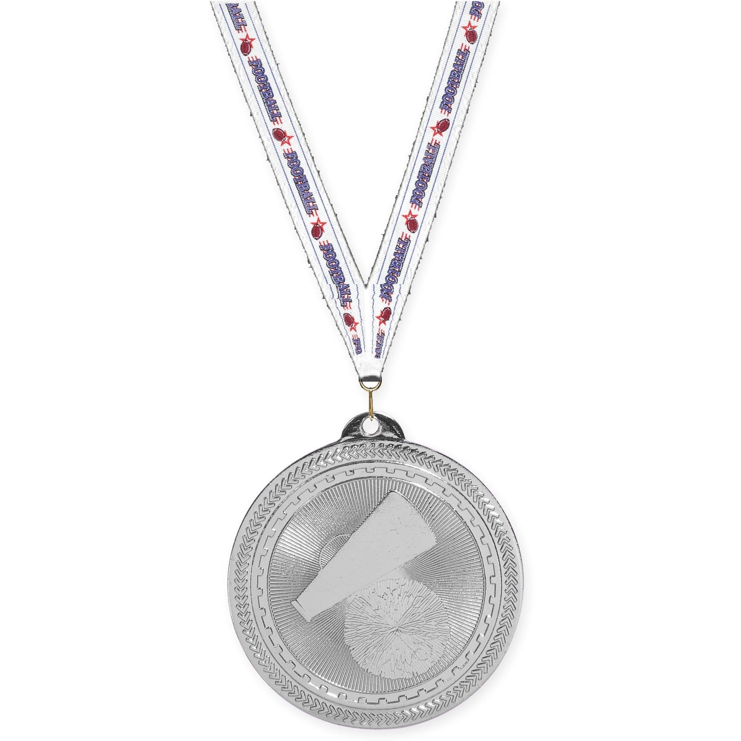 2 inch cheerleading Sunburst medal in bright silver with Football neck ribbon