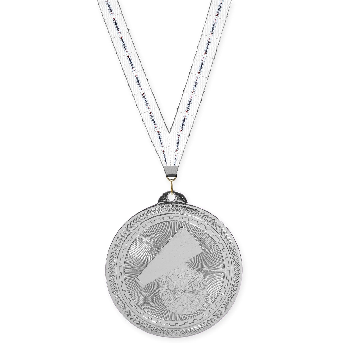 2 inch cheerleading Sunburst medal in bright silver with Gymnastics neck ribbon