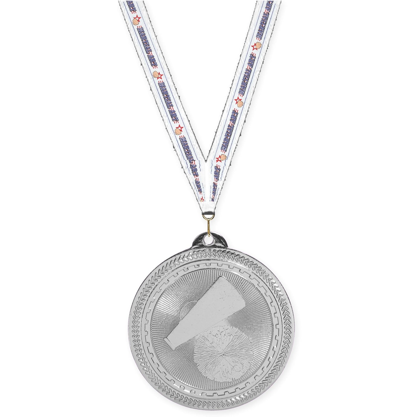 2 inch cheerleading Sunburst medal in bright silver with Martial Arts neck ribbon
