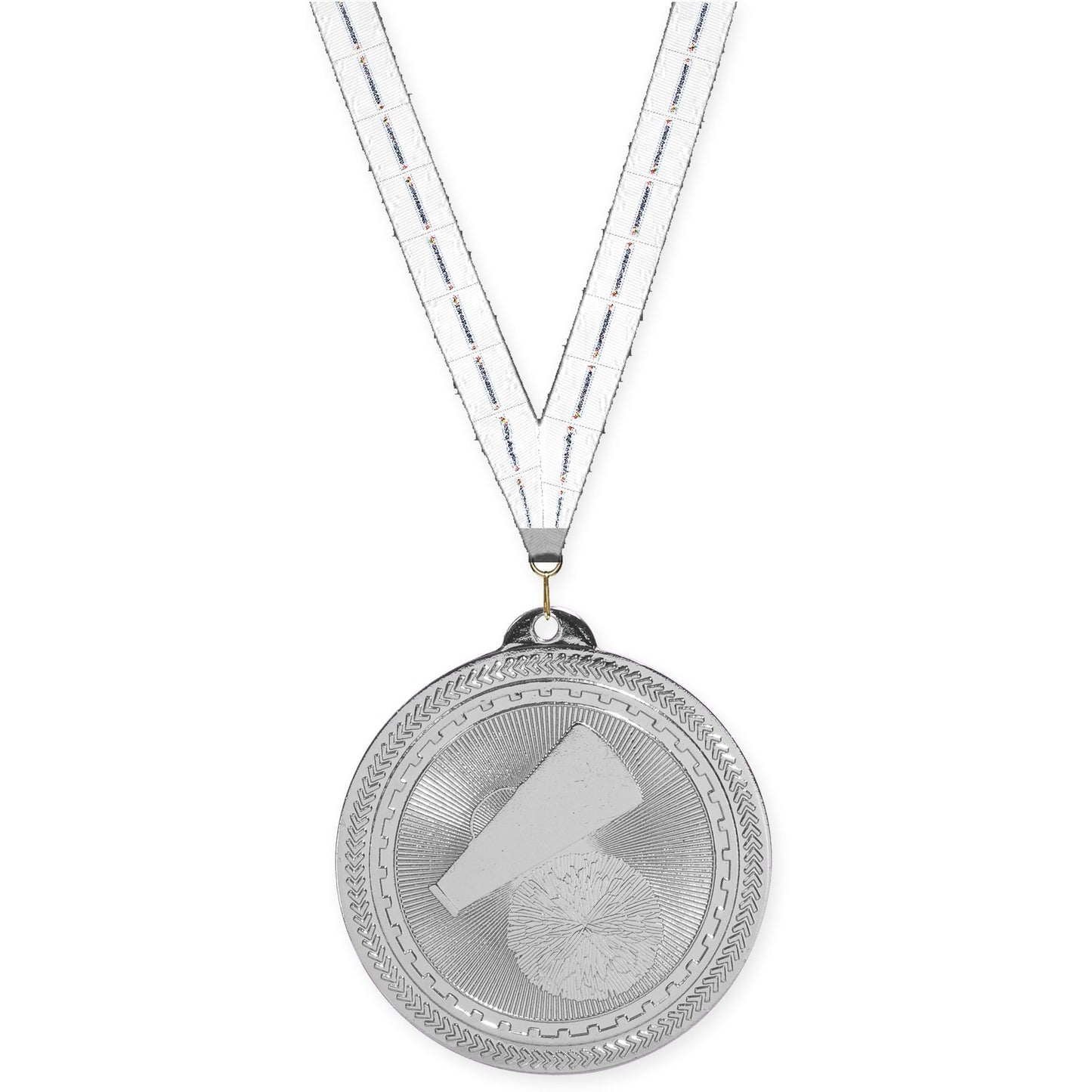 2 inch cheerleading Sunburst medal in bright silver with Lamp Of Knowledge neck ribbon