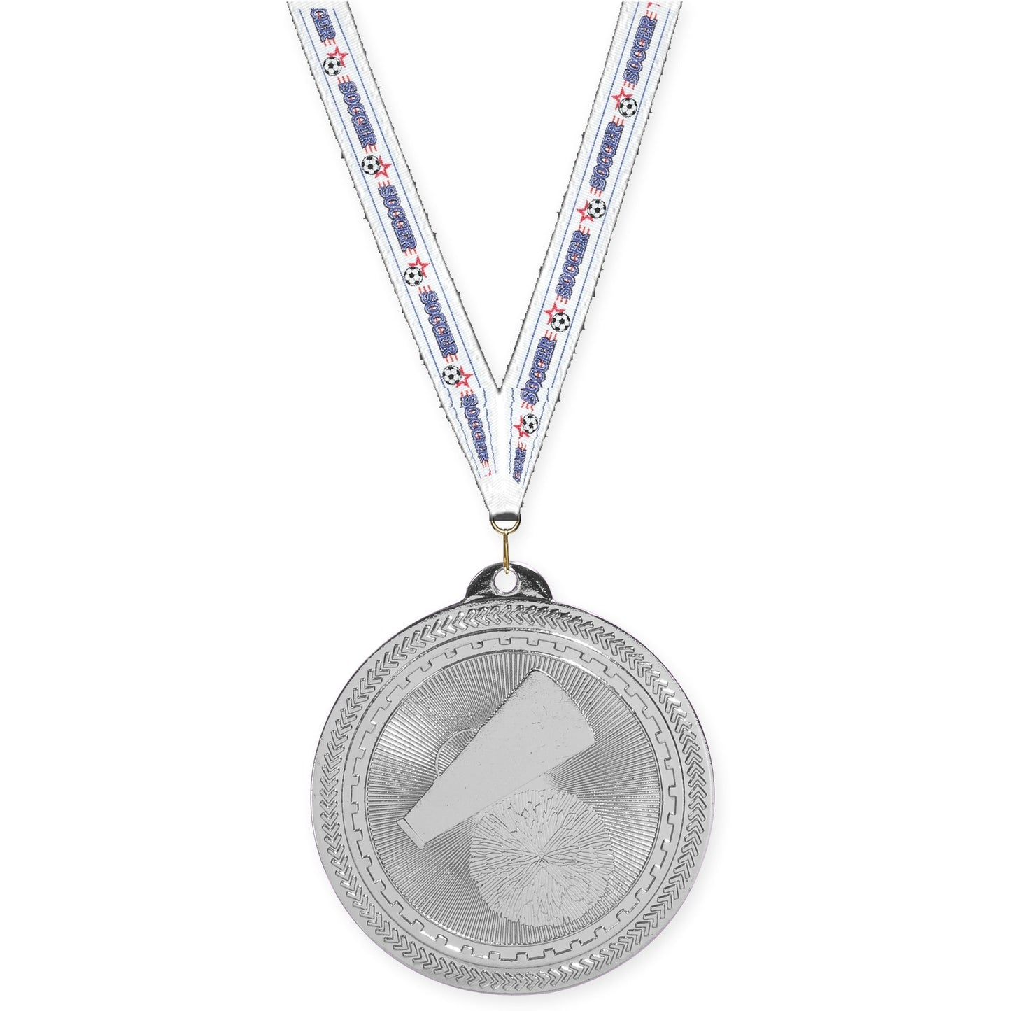 2 inch cheerleading Sunburst medal in bright silver with Soccer neck ribbon