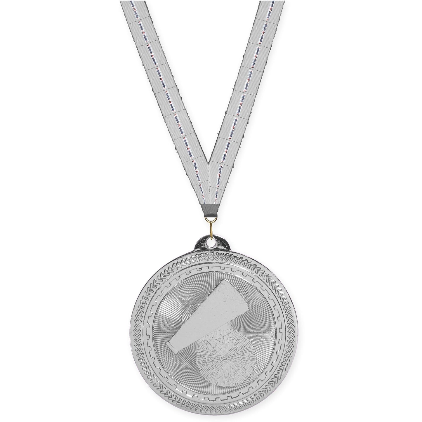 2 inch cheerleading Sunburst medal in bright silver with Auto Racing neck ribbon