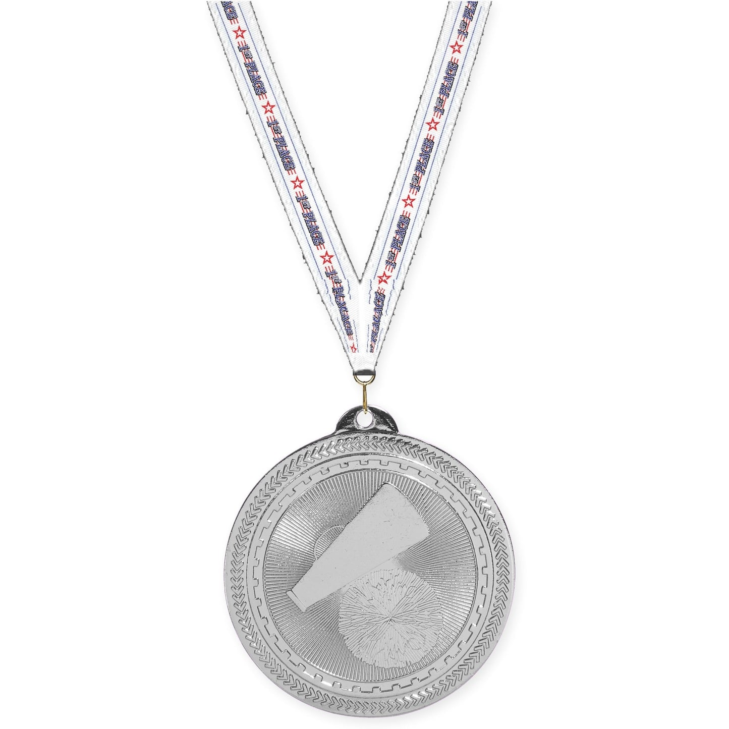 2 inch cheerleading Sunburst medal in bright silver with 1st Place neck ribbon