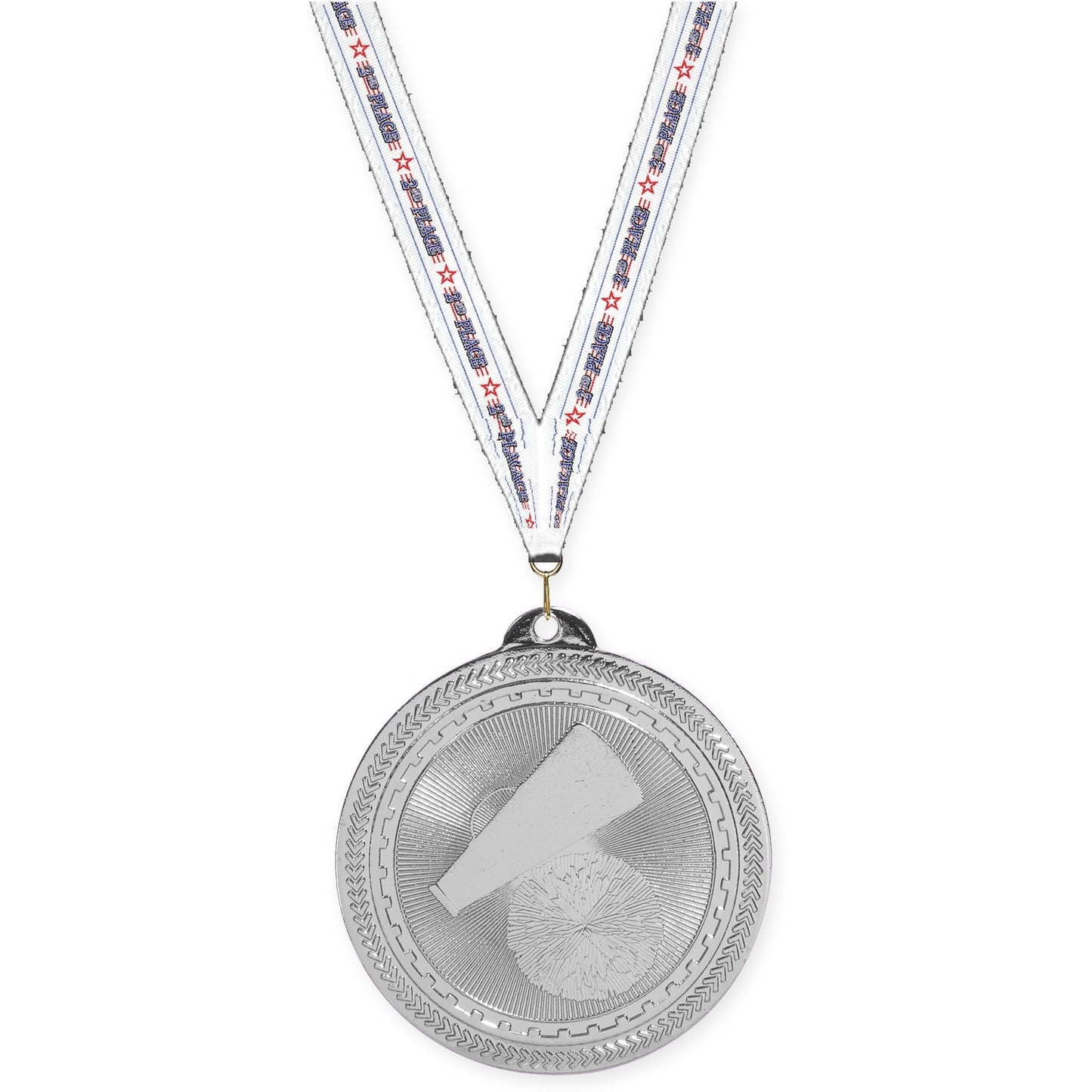 2 inch cheerleading Sunburst medal in bright silver with 2nd Place neck ribbon