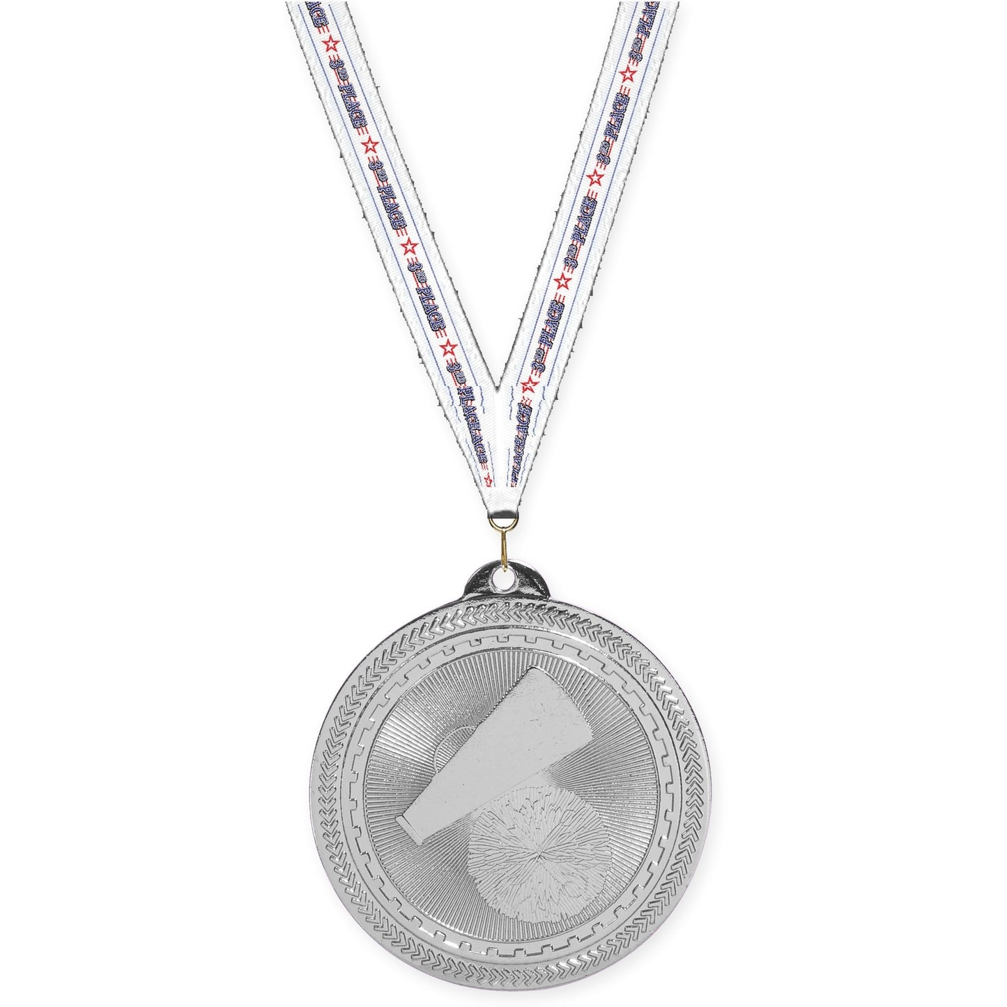 2 inch cheerleading Sunburst medal in bright silver with 3rd Place neck ribbon