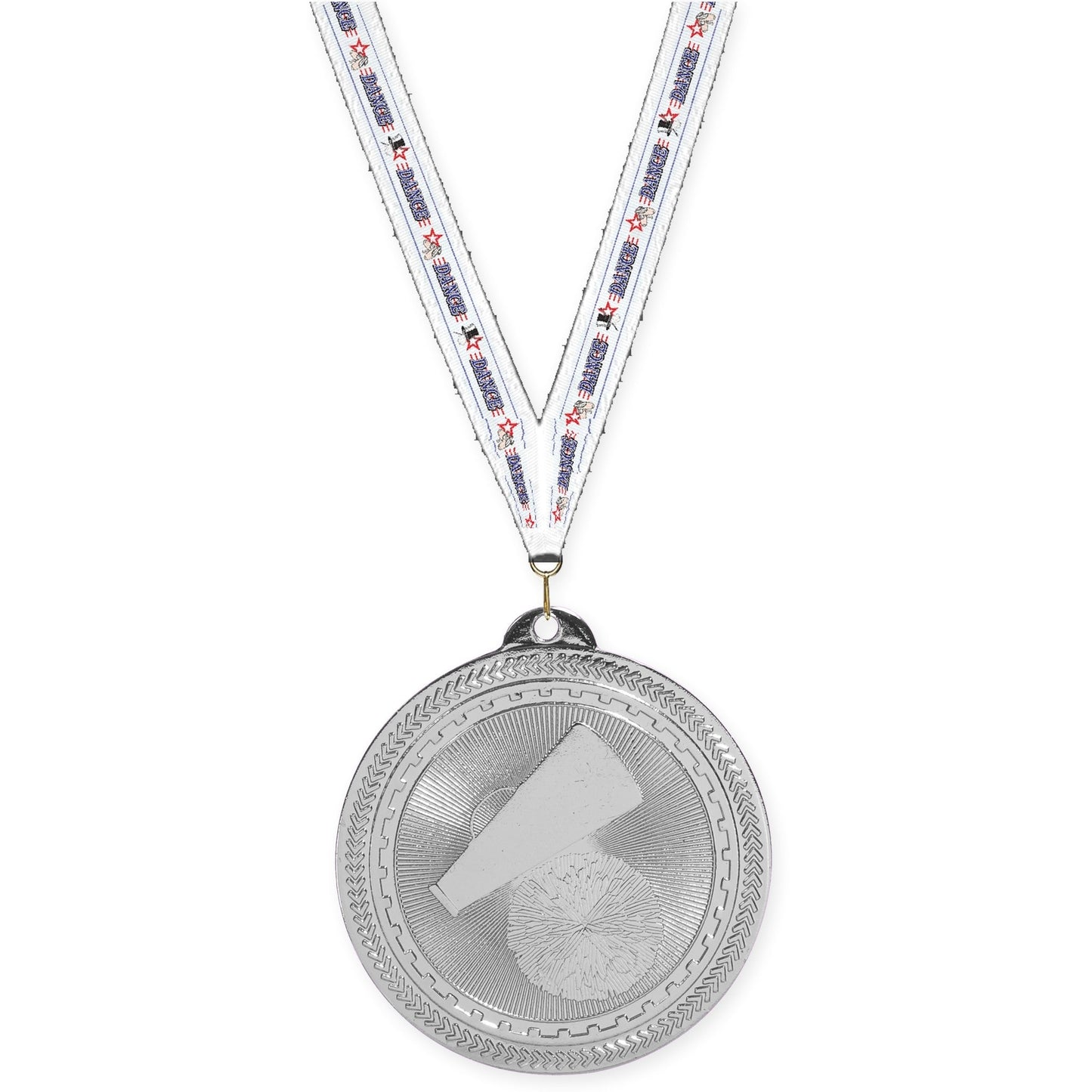 2 inch cheerleading Sunburst medal in bright silver with Dance neck ribbon