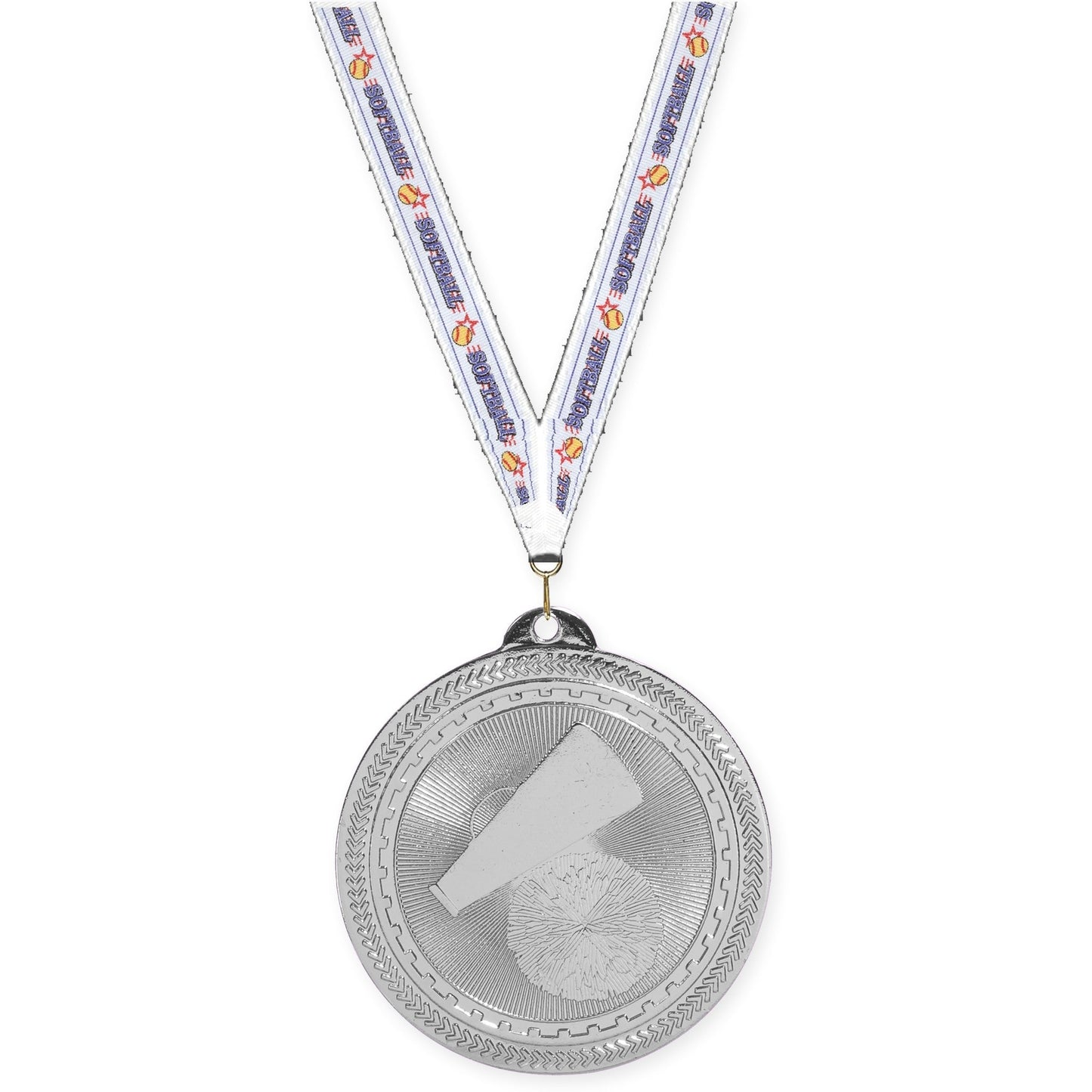 2 inch cheerleading Sunburst medal in bright silver with Softball neck ribbon