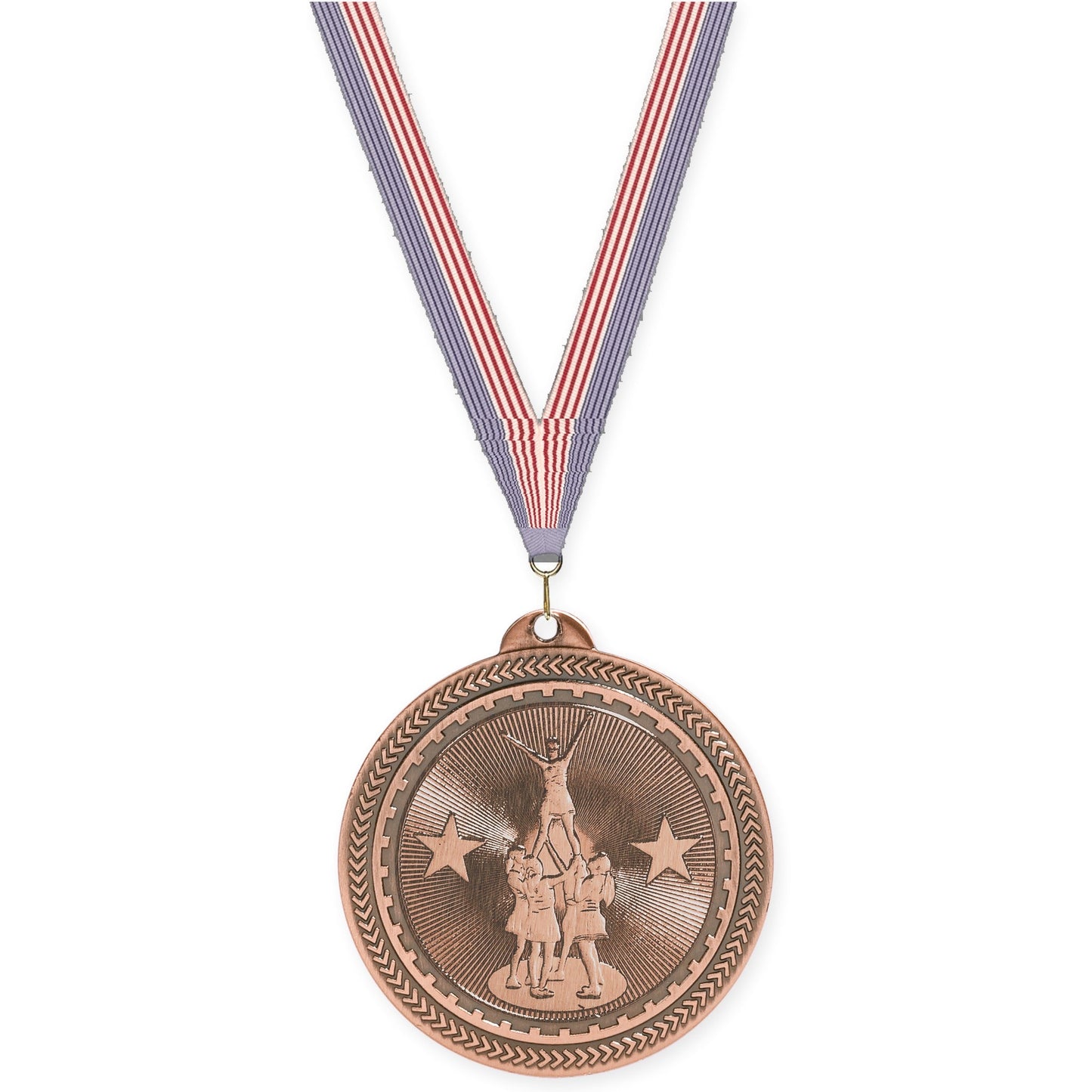 2 inch competitive cheer Sunburst medal in antique bronze with USA Flag neck ribbon
