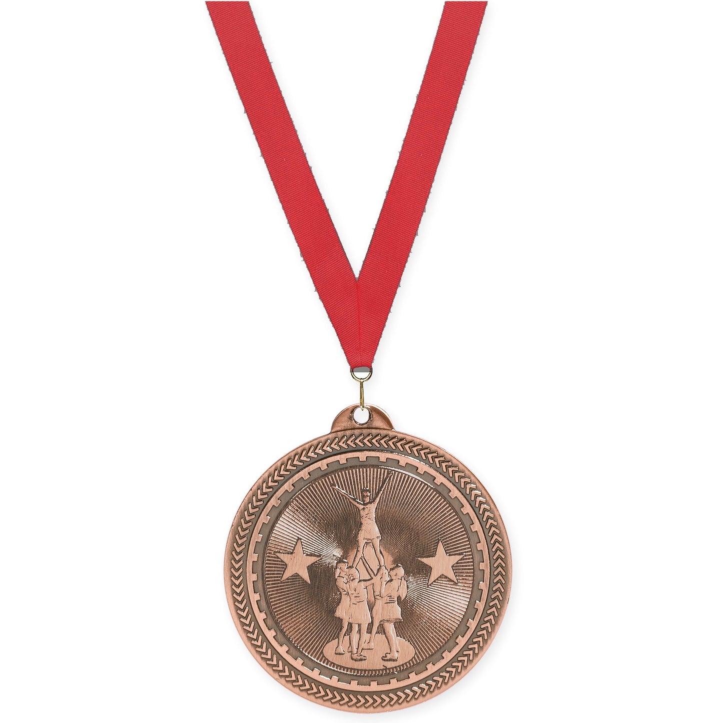 2 inch competitive cheer Sunburst medal in antique bronze with Red neck ribbon