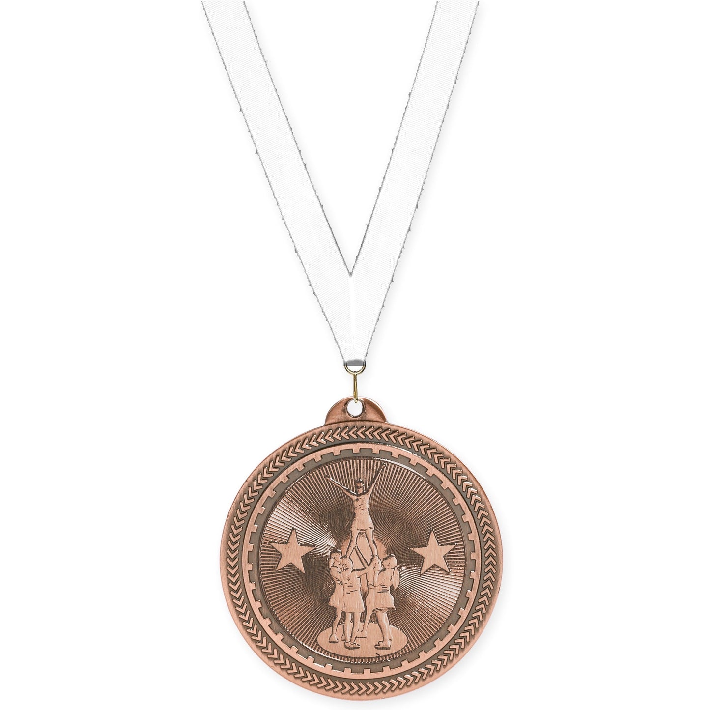 2 inch competitive cheer Sunburst medal in antique bronze with White neck ribbon