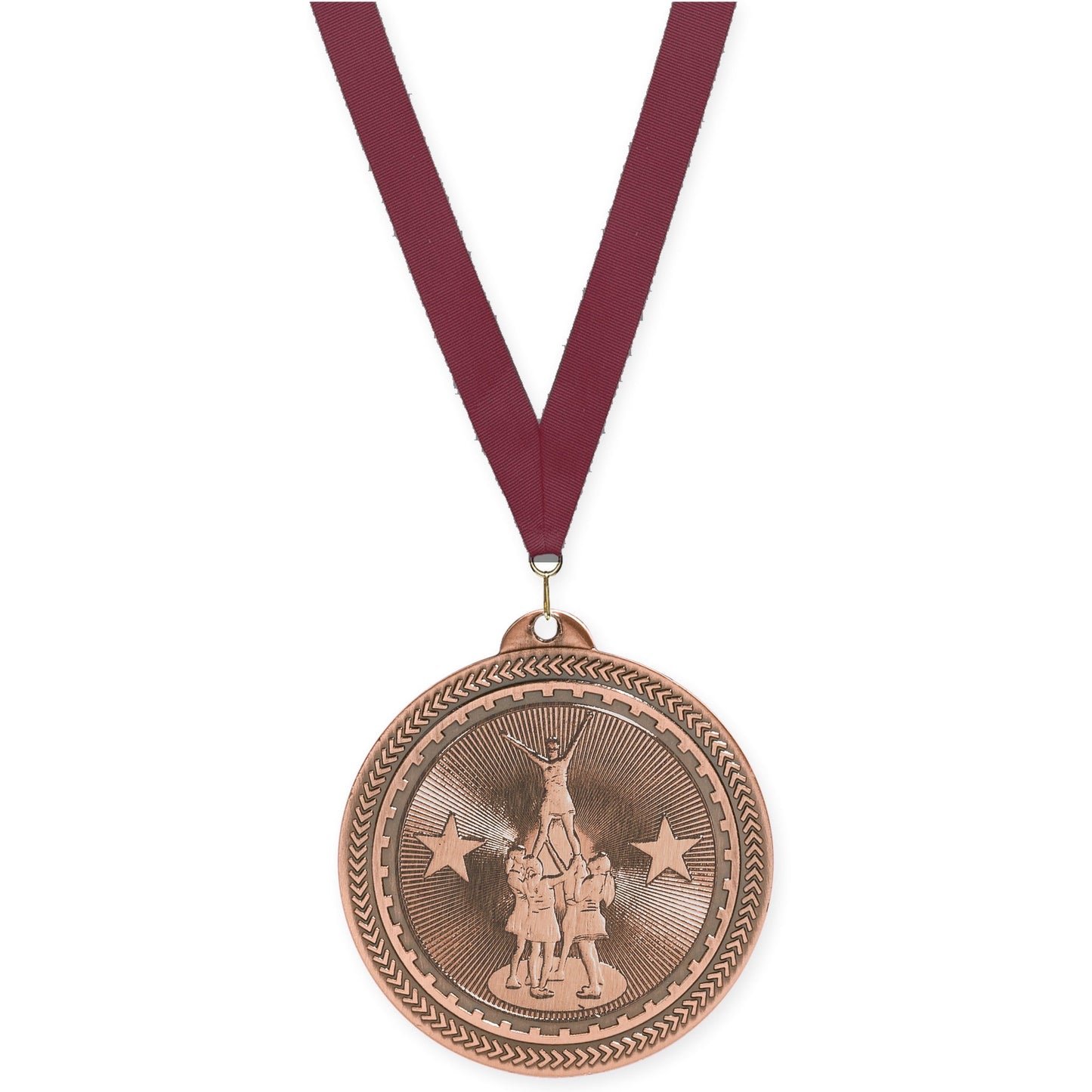 2 inch competitive cheer Sunburst medal in antique bronze with Maroon neck ribbon