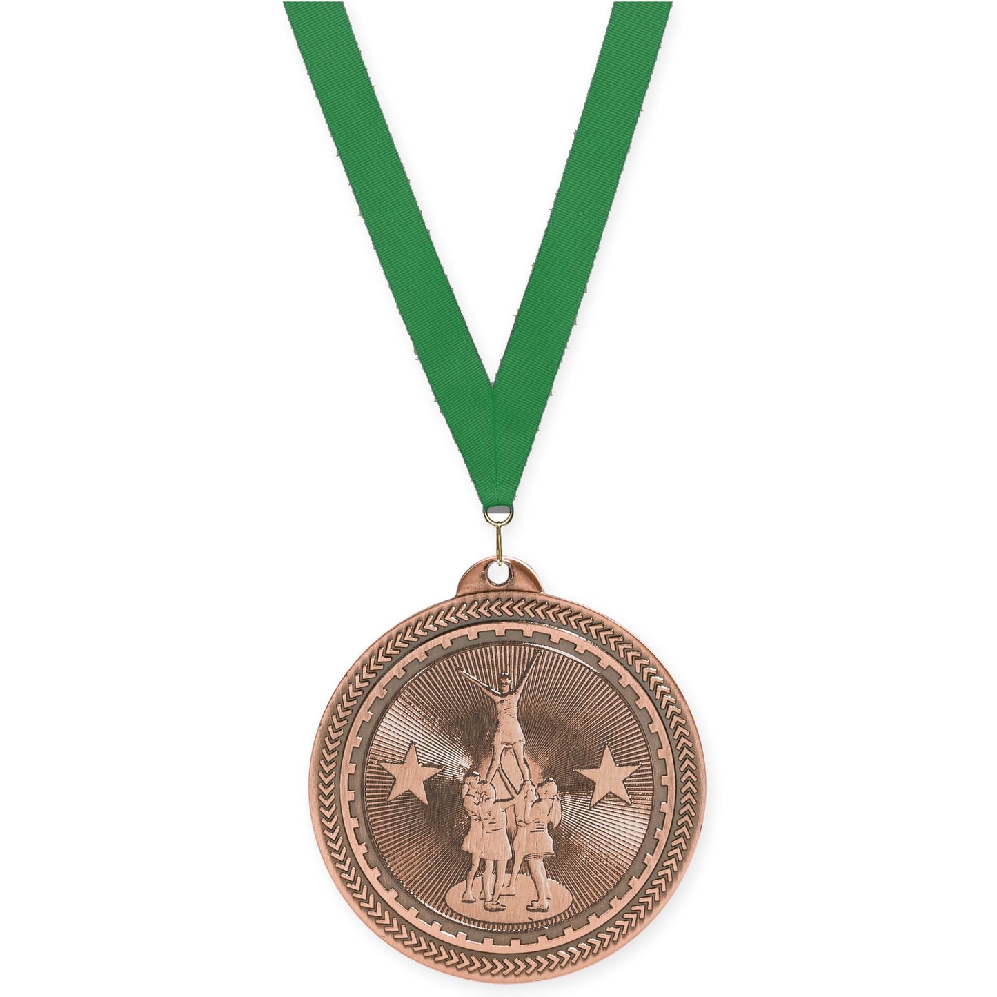 2 inch competitive cheer Sunburst medal in antique bronze with Green neck ribbon