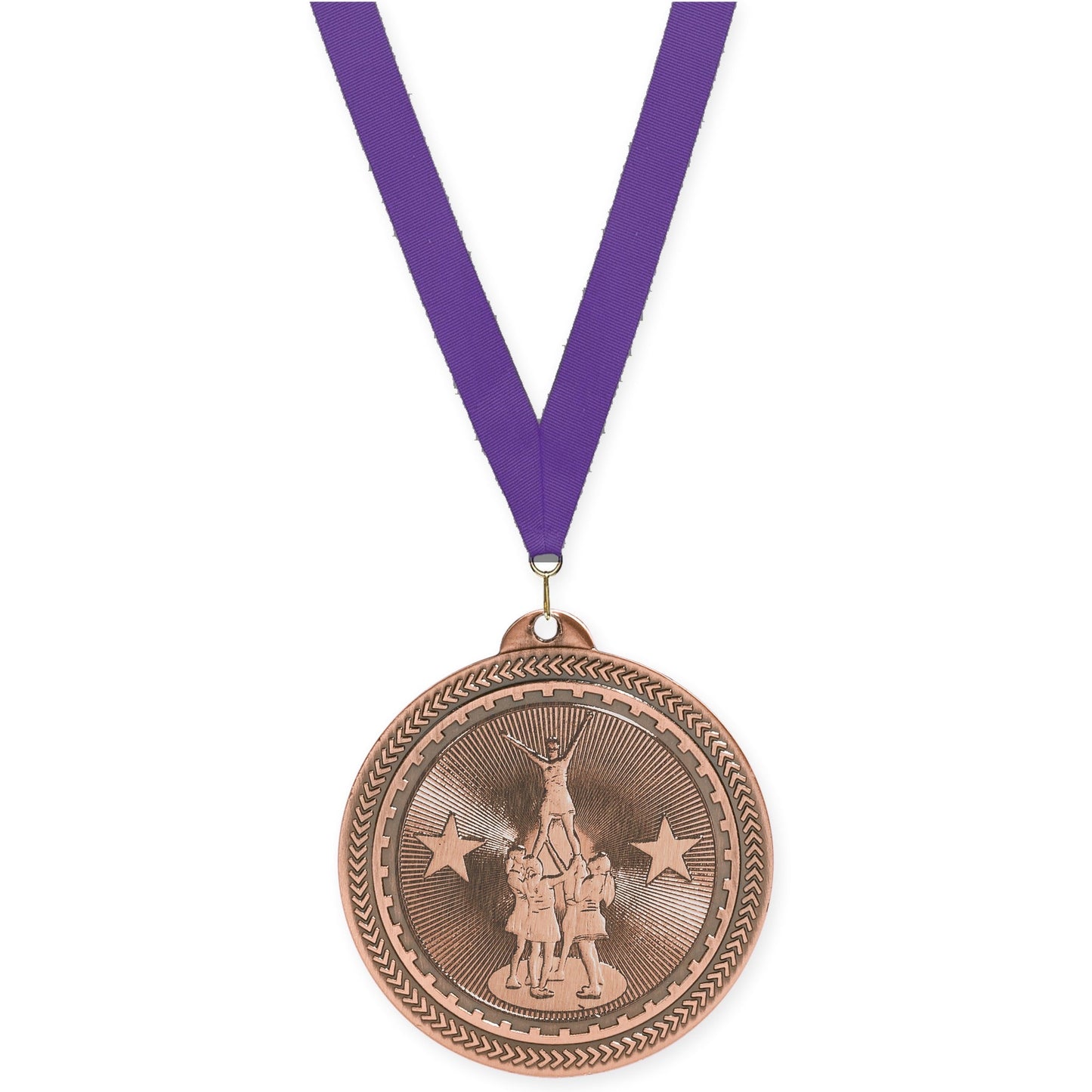 2 inch competitive cheer Sunburst medal in antique bronze with Purple neck ribbon