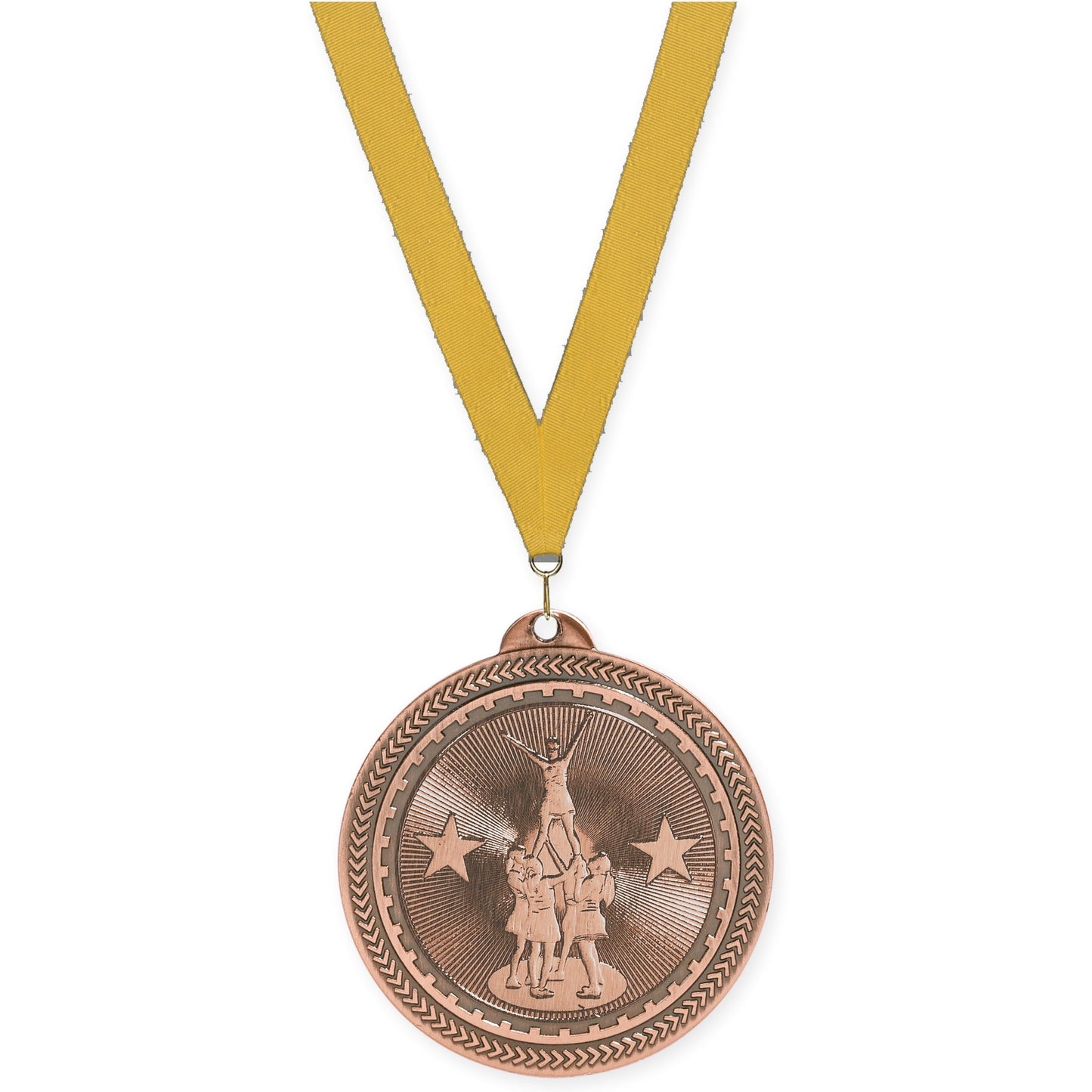 2 inch competitive cheer Sunburst medal in antique bronze with Gold neck ribbon