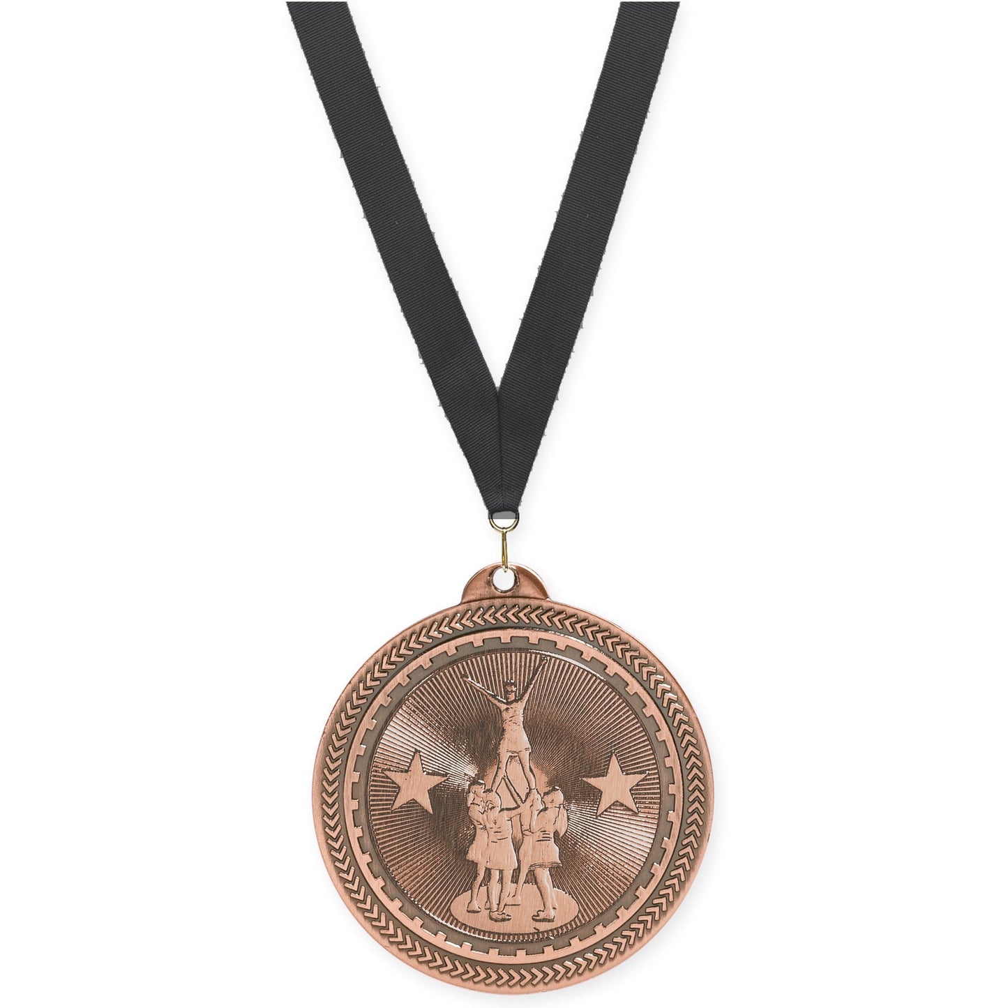 2 inch competitive cheer Sunburst medal in antique bronze with Black neck ribbon