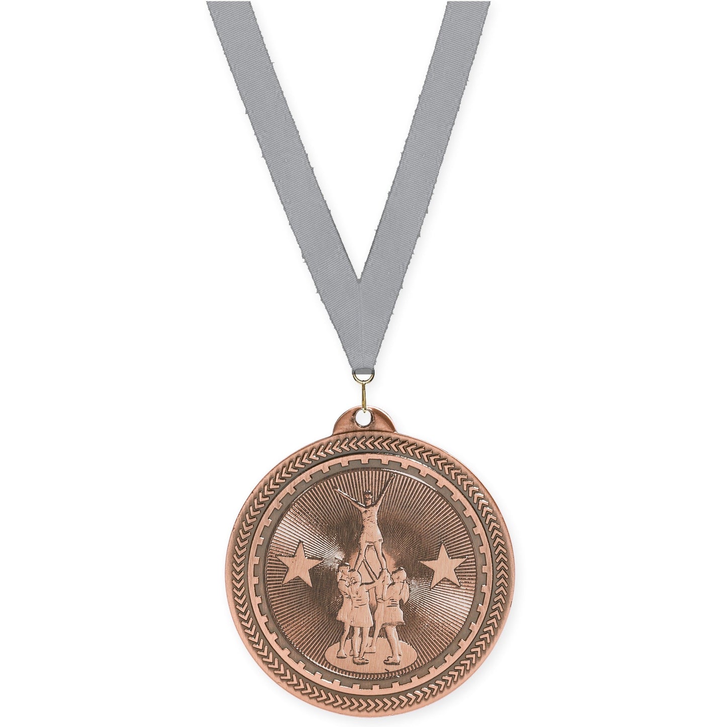 2 inch competitive cheer Sunburst medal in antique bronze with Gray neck ribbon