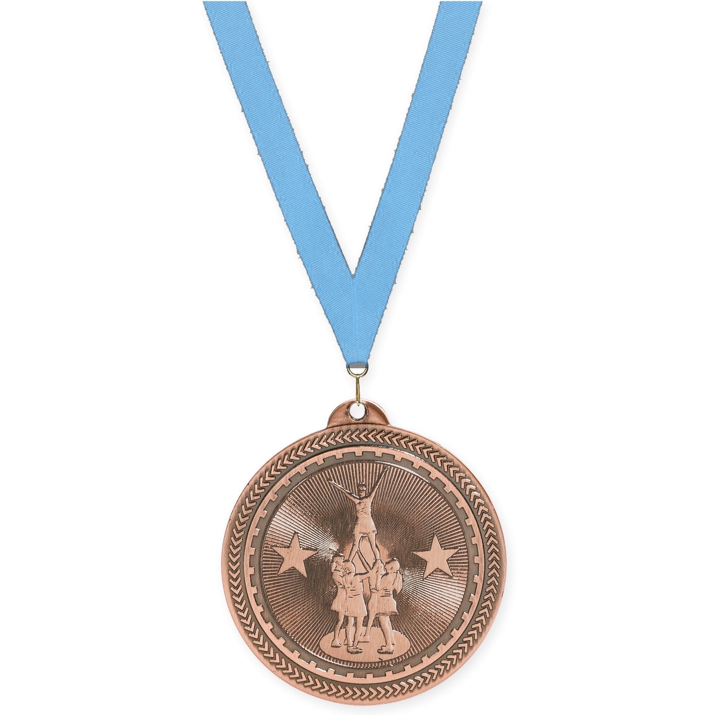 2 inch competitive cheer Sunburst medal in antique bronze with Light Blue neck ribbon