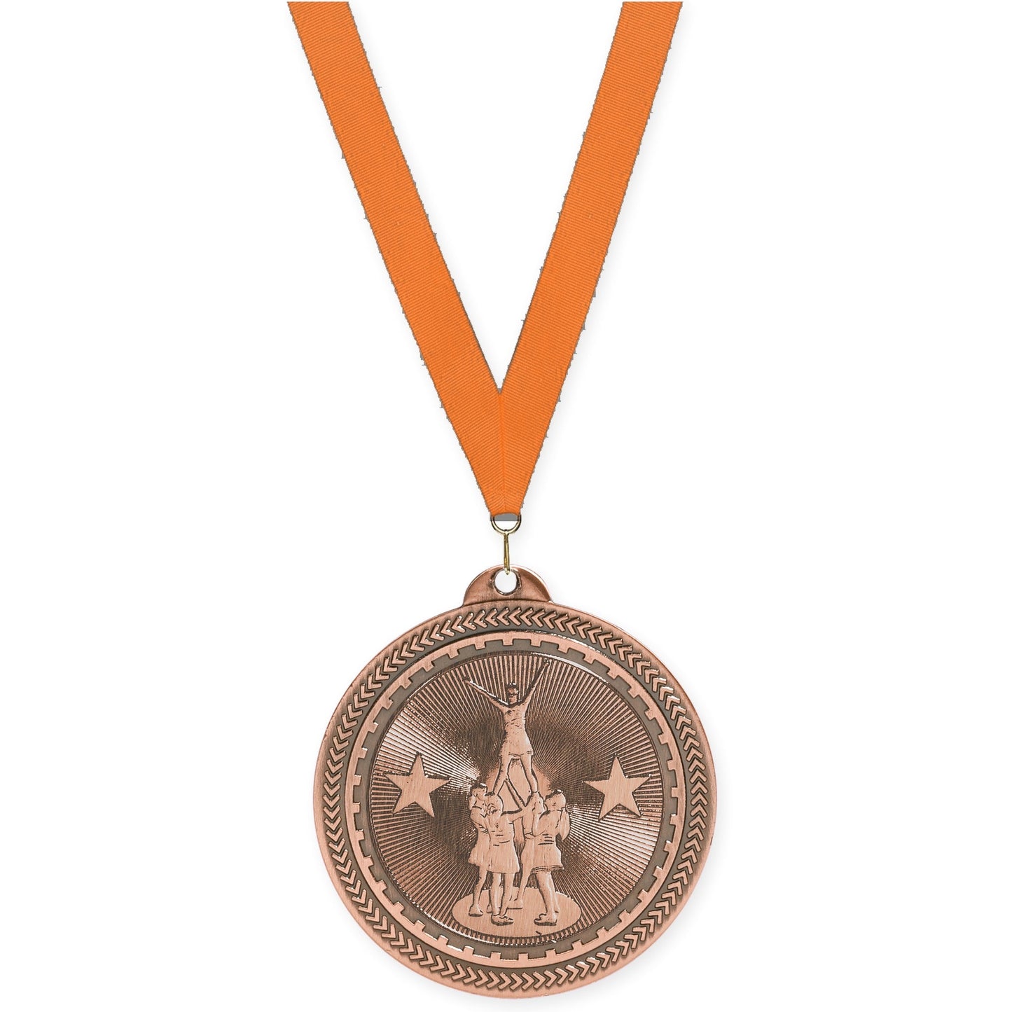 2 inch competitive cheer Sunburst medal in antique bronze with Orange neck ribbon