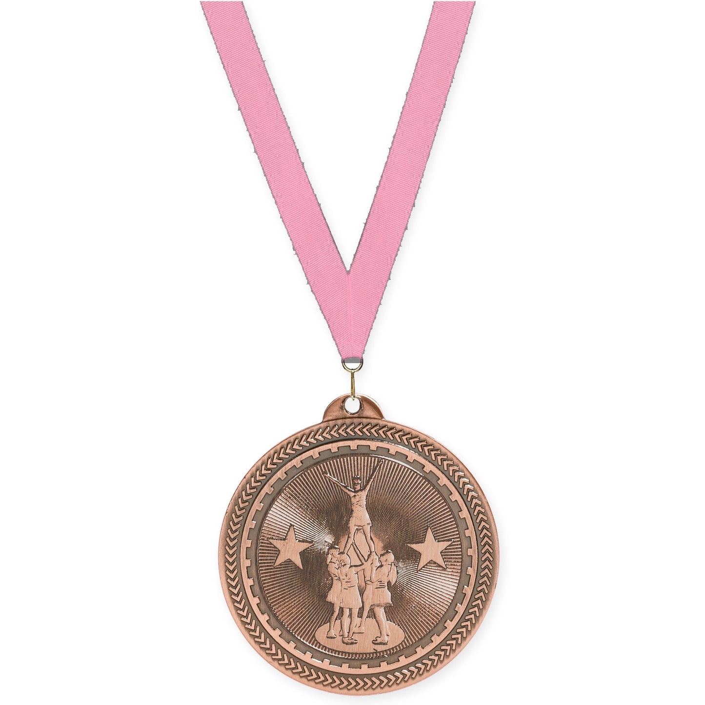 2 inch competitive cheer Sunburst medal in antique bronze with Pink neck ribbon