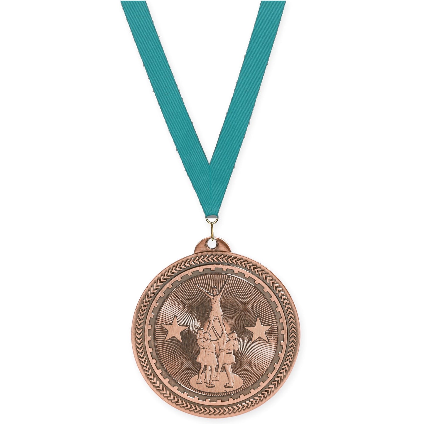 2 inch competitive cheer Sunburst medal in antique bronze with Teal neck ribbon