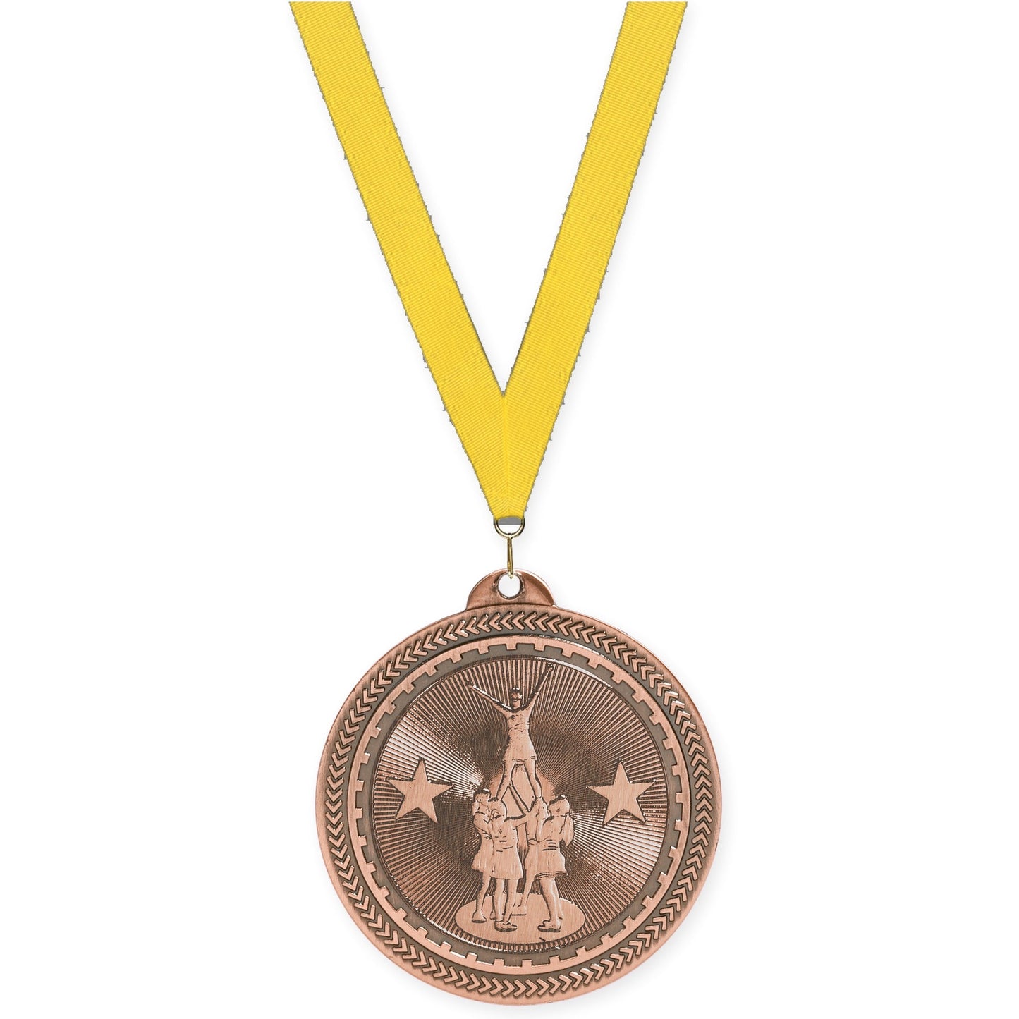 2 inch competitive cheer Sunburst medal in antique bronze with Yellow neck ribbon