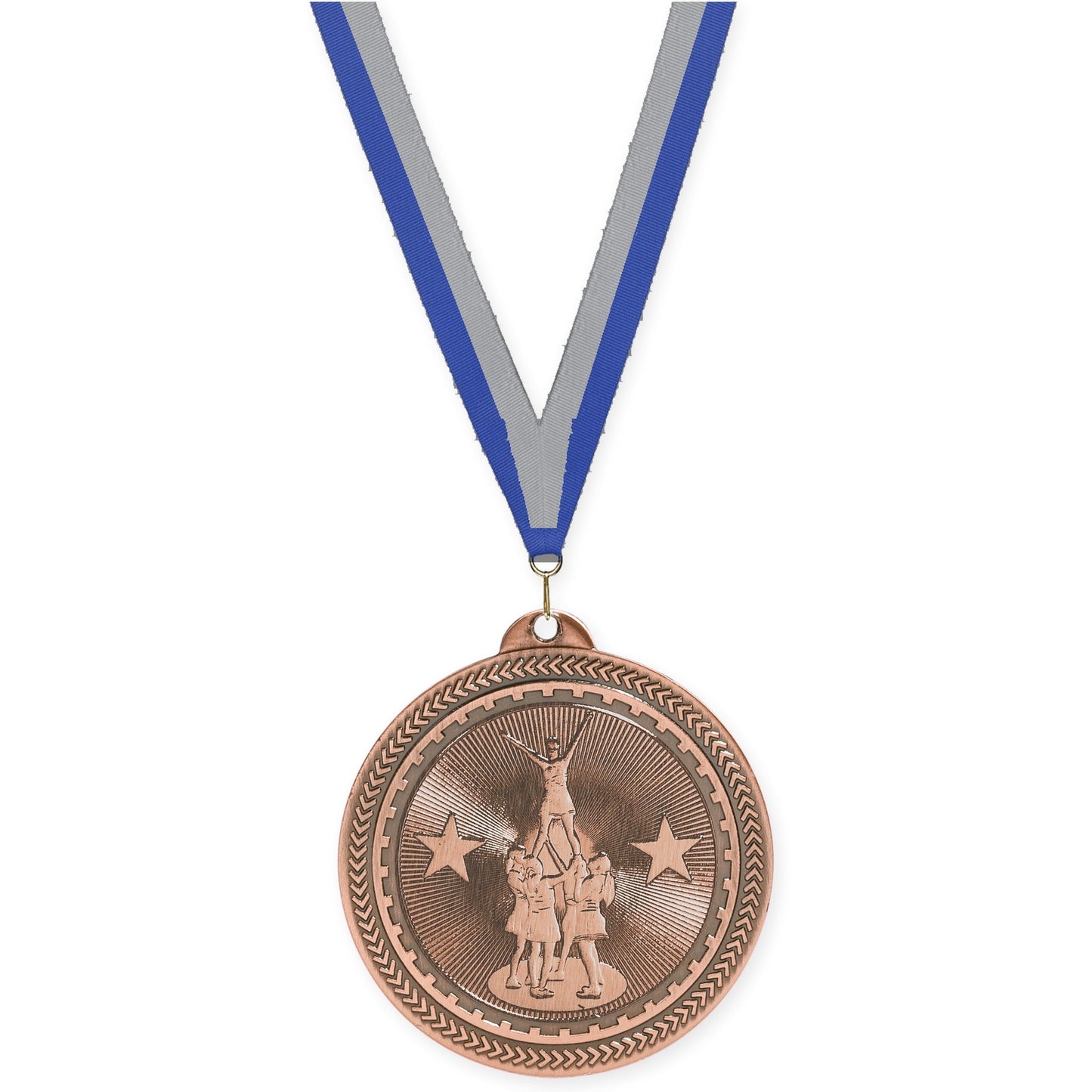 2 inch competitive cheer Sunburst medal in antique bronze with Blue Gray neck ribbon