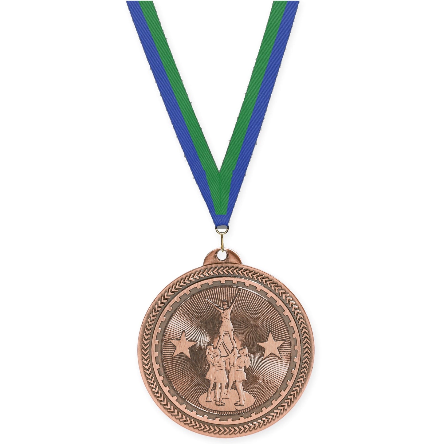 2 inch competitive cheer Sunburst medal in antique bronze with Blue Green neck ribbon