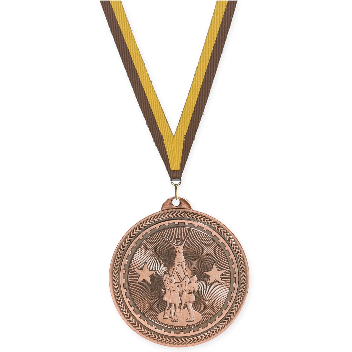 2 inch competitive cheer Sunburst medal in antique bronze with Brown Gold neck ribbon