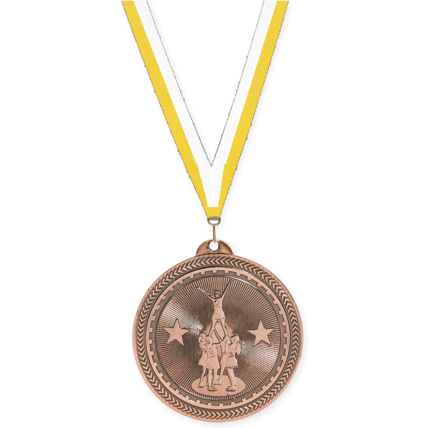 2 inch competitive cheer Sunburst medal in antique bronze with Yellow White neck ribbon