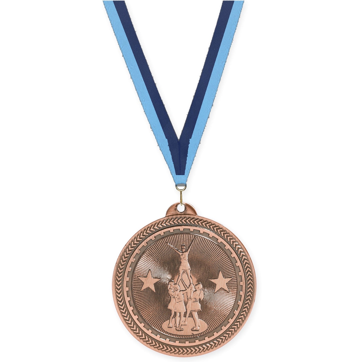 2 inch competitive cheer Sunburst medal in antique bronze with Light Blue Navy neck ribbon