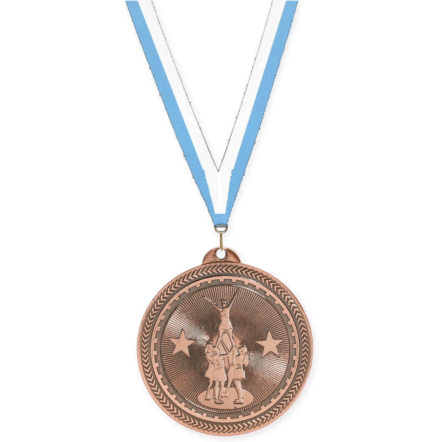 2 inch competitive cheer Sunburst medal in antique bronze with Light Blue White neck ribbon