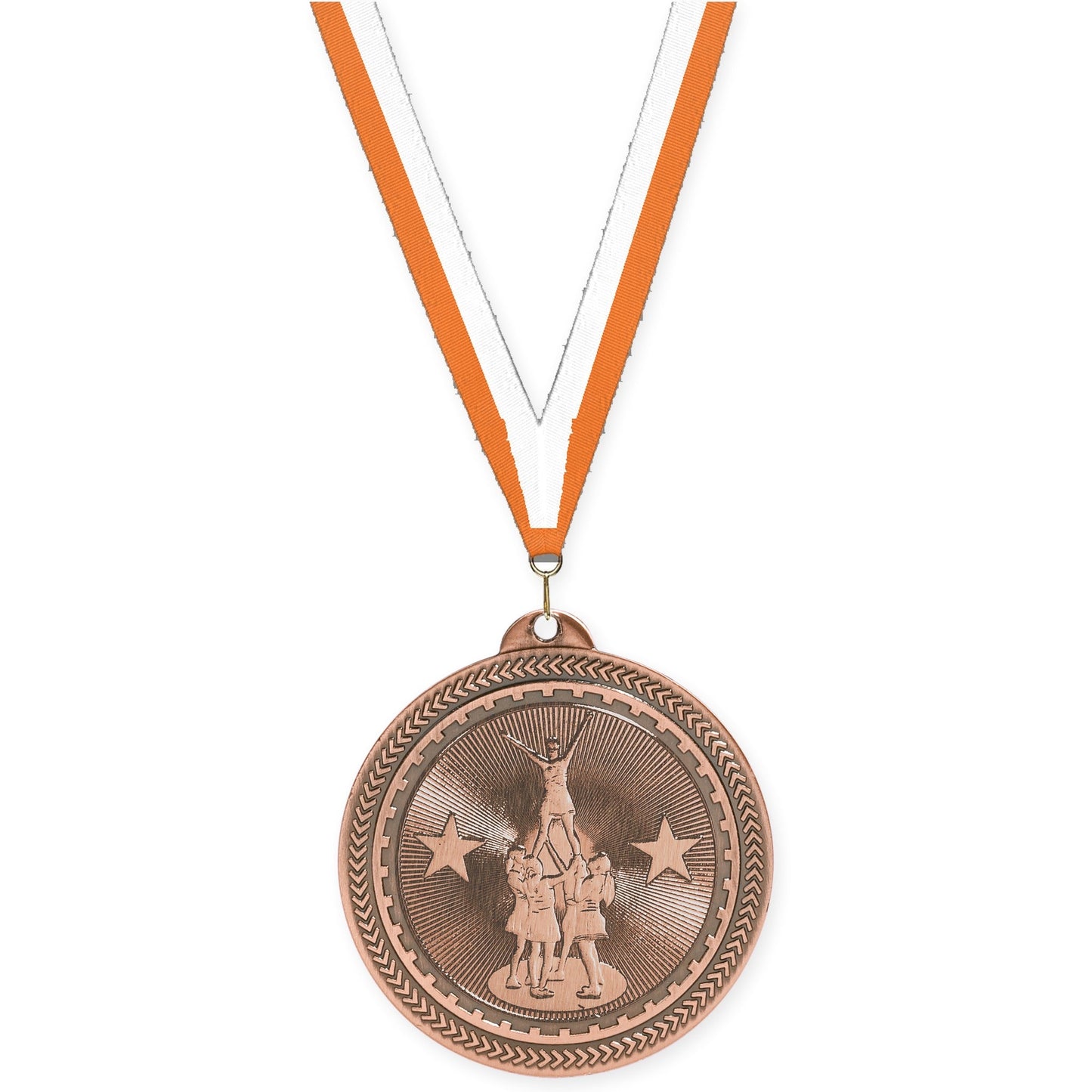 2 inch competitive cheer Sunburst medal in antique bronze with Orange White neck ribbon