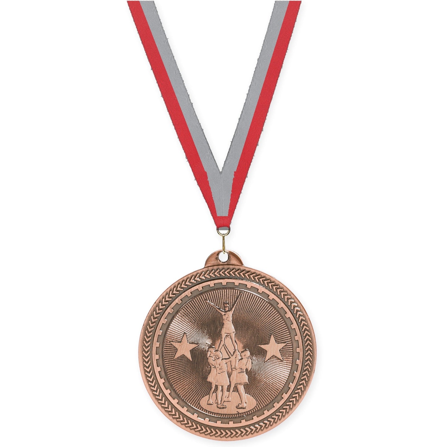 2 inch competitive cheer Sunburst medal in antique bronze with Red Gray neck ribbon