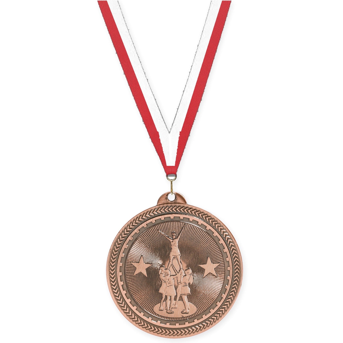 2 inch competitive cheer Sunburst medal in antique bronze with Red White neck ribbon
