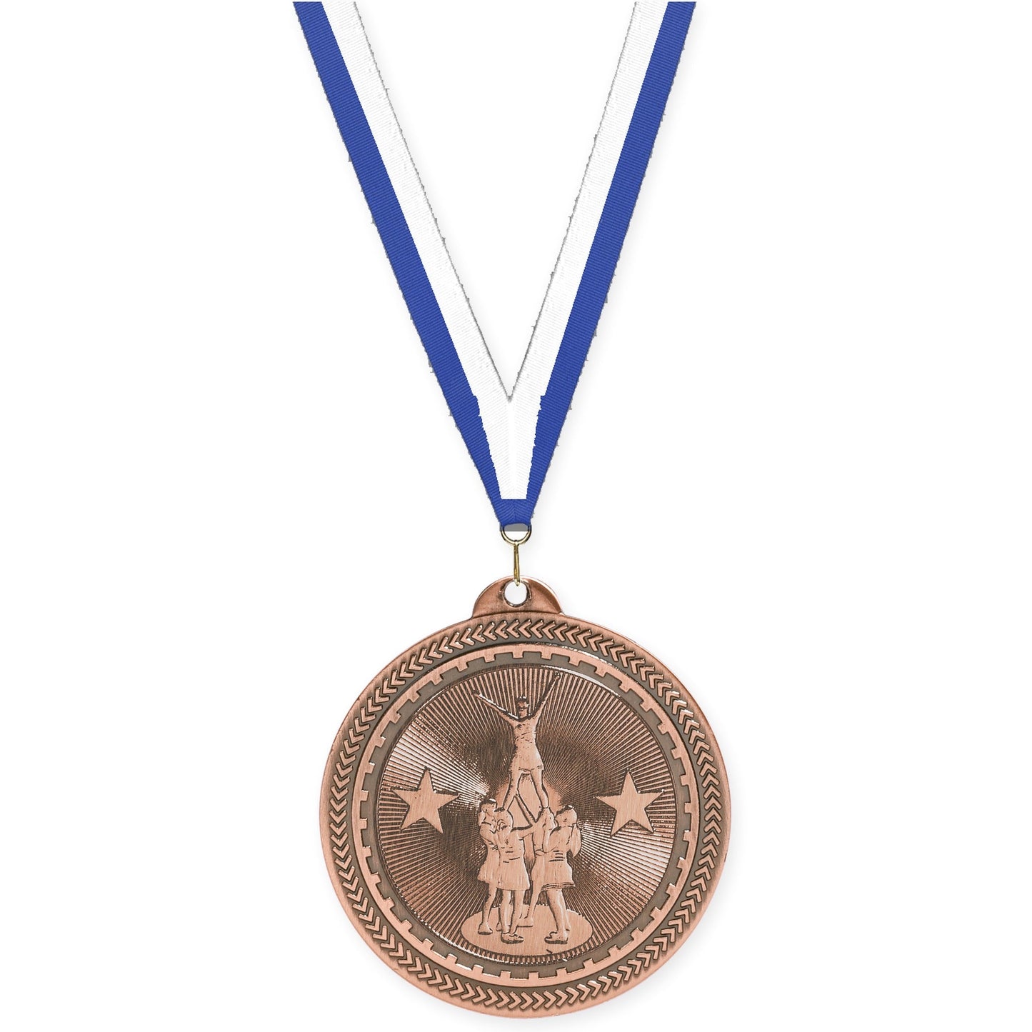 2 inch competitive cheer Sunburst medal in antique bronze with Blue White neck ribbon