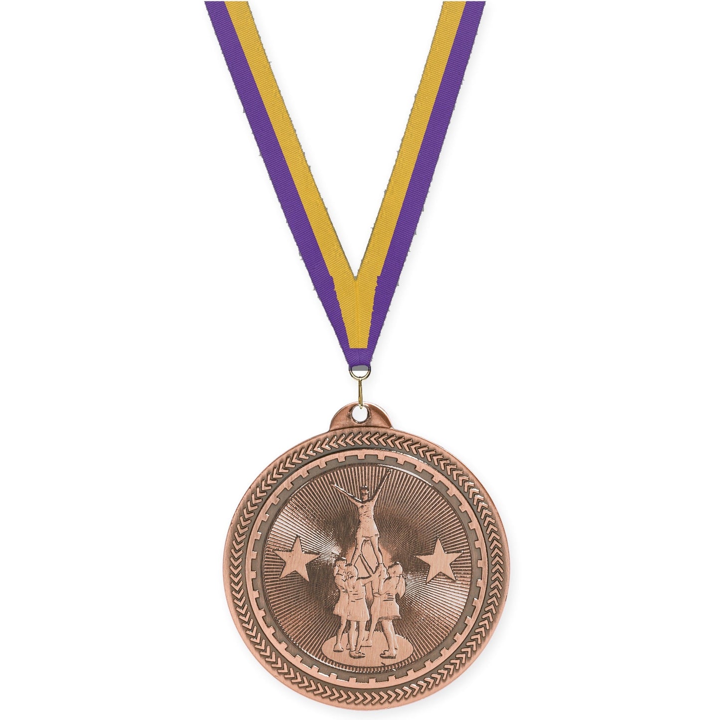 2 inch competitive cheer Sunburst medal in antique bronze with Purple Gold neck ribbon