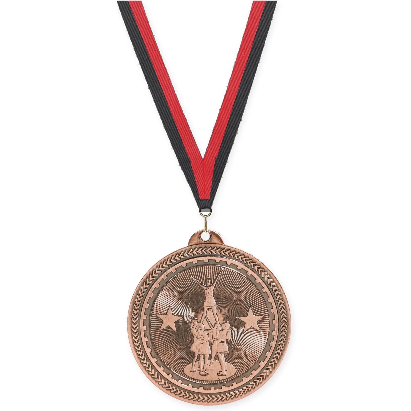 2 inch competitive cheer Sunburst medal in antique bronze with Black Red neck ribbon