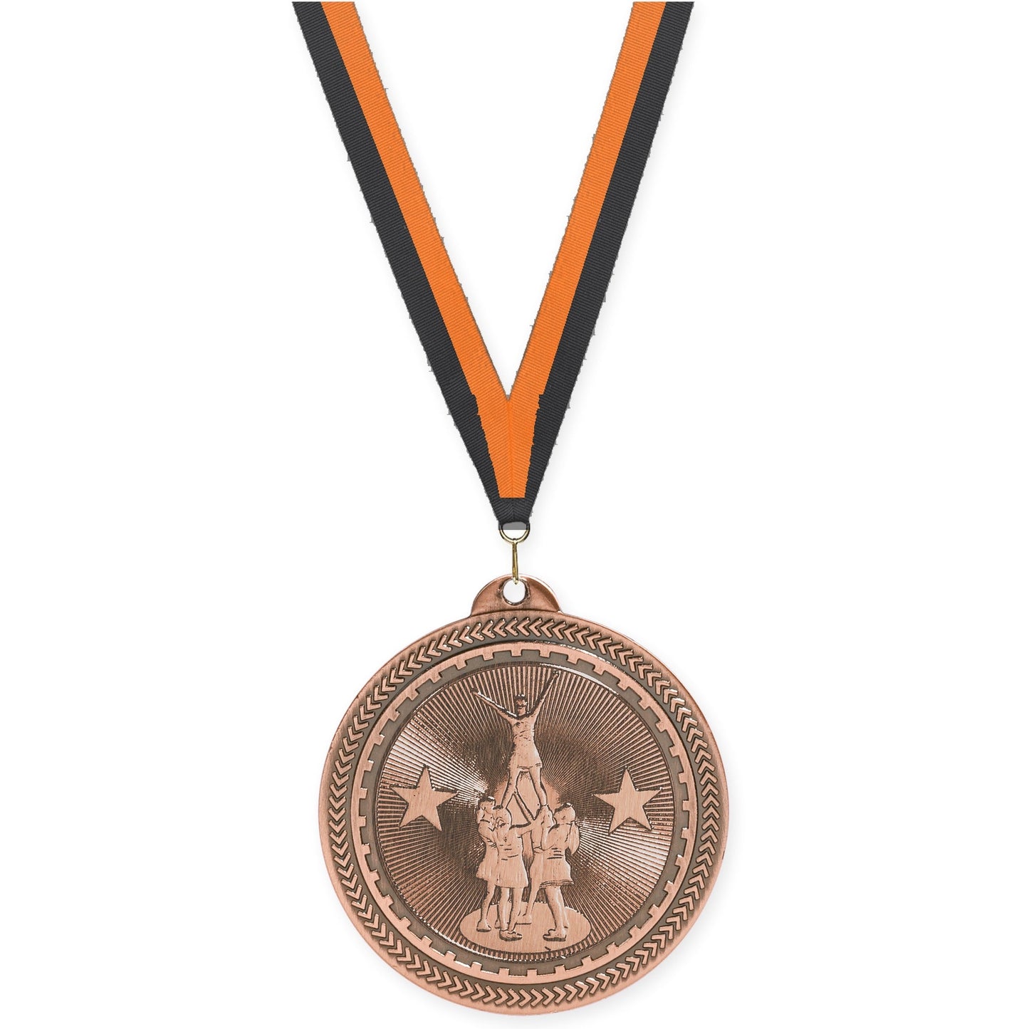 2 inch competitive cheer Sunburst medal in antique bronze with Black Orange neck ribbon