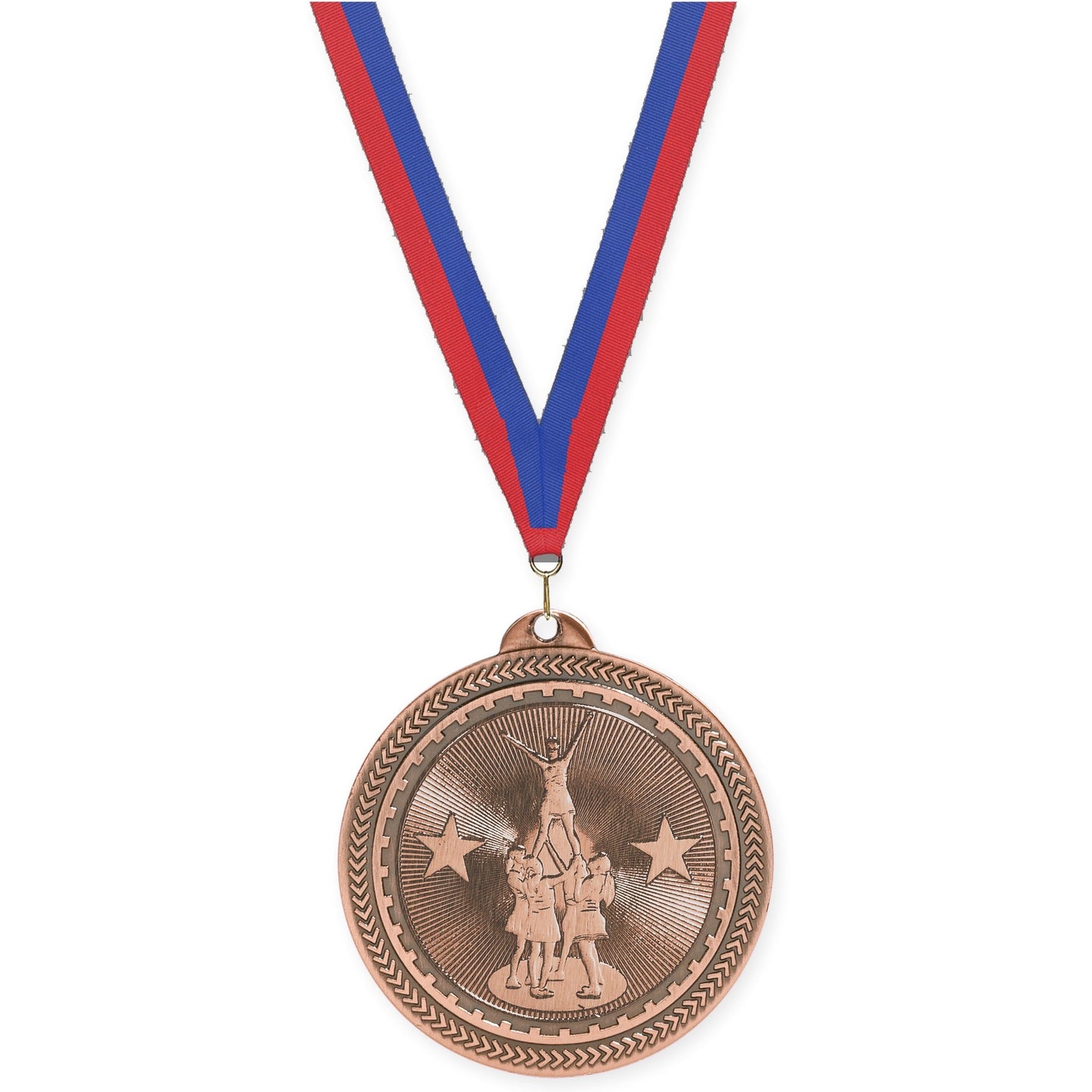 2 inch competitive cheer Sunburst medal in antique bronze with Blue Red neck ribbon