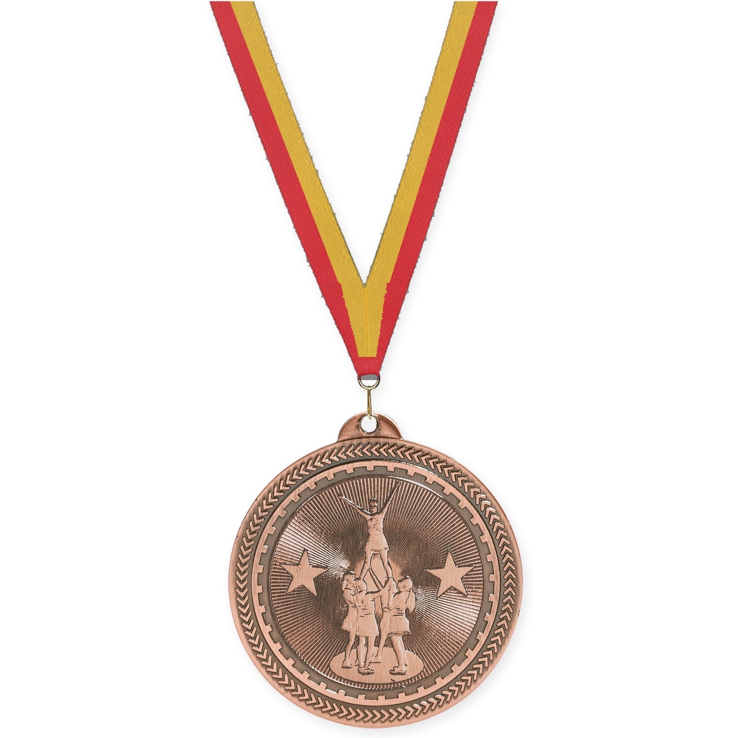 2 inch competitive cheer Sunburst medal in antique bronze with Red Gold neck ribbon