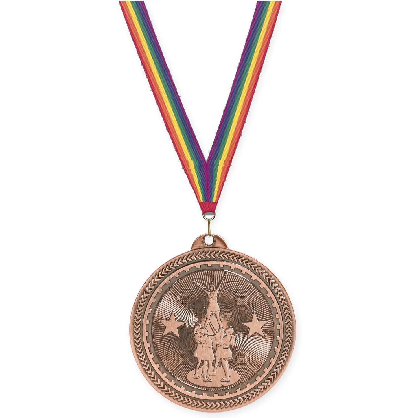 2 inch competitive cheer Sunburst medal in antique bronze with Rainbow neck ribbon