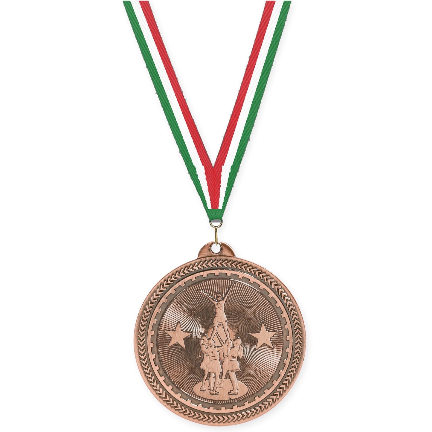 2 inch competitive cheer Sunburst medal in antique bronze with Green White Red neck ribbon