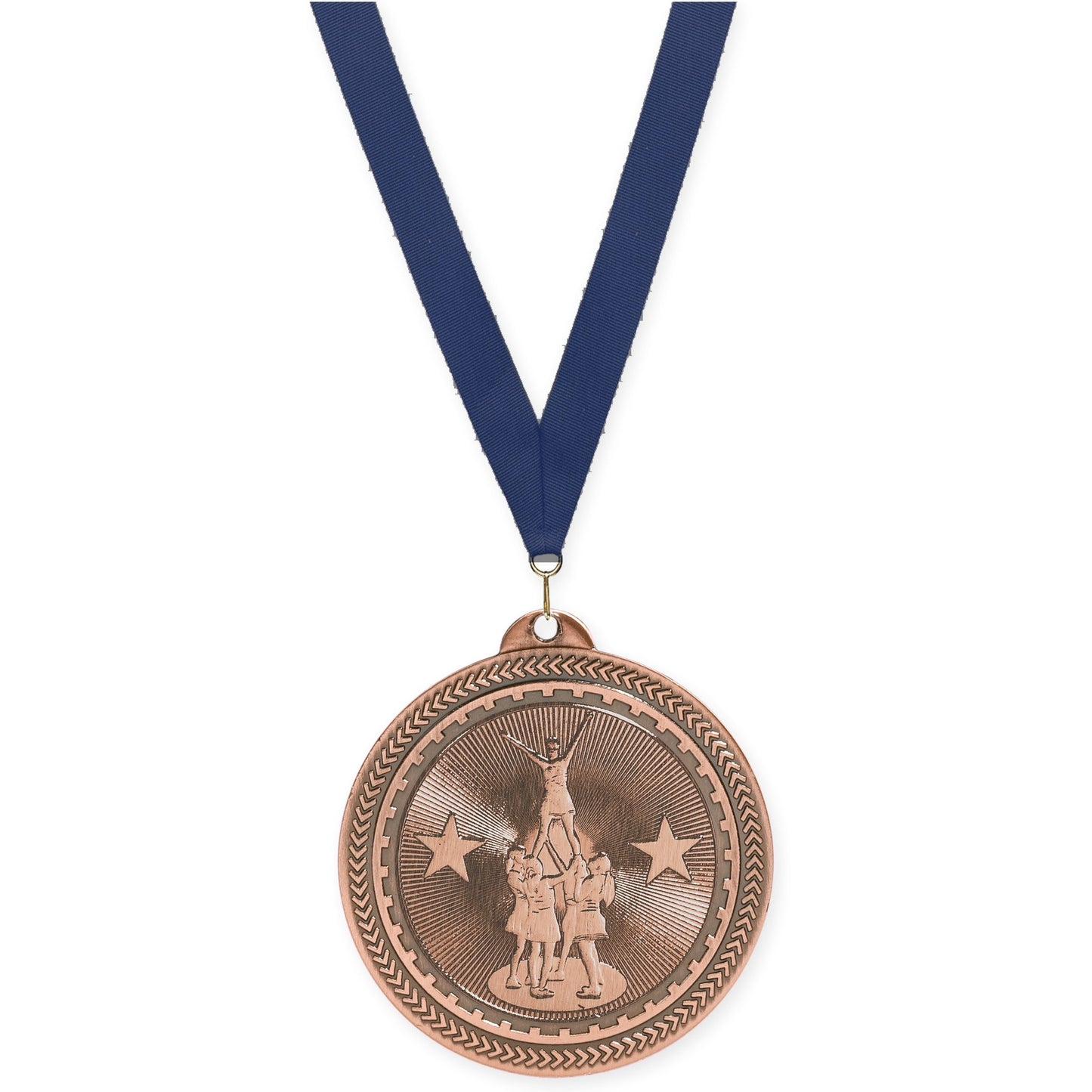 2 inch competitive cheer Sunburst medal in antique bronze with Navy neck ribbon