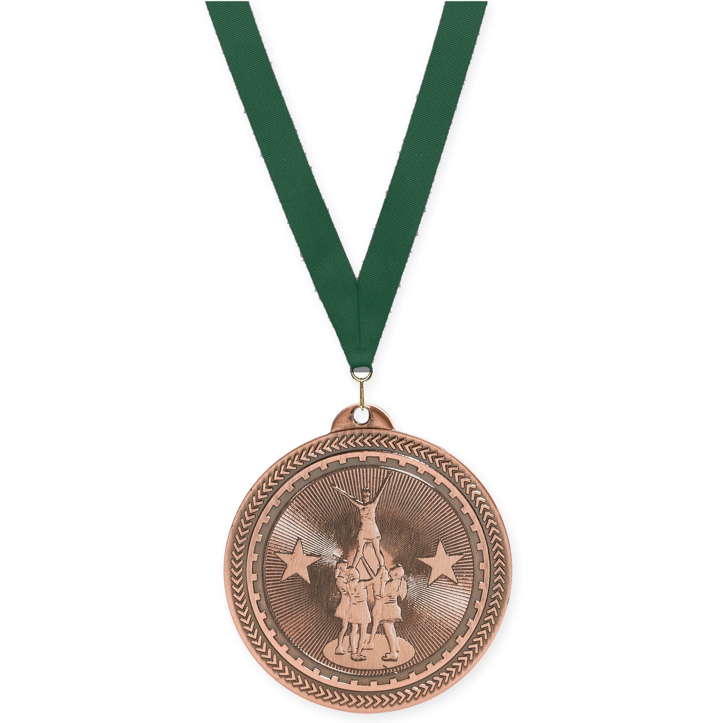 2 inch competitive cheer Sunburst medal in antique bronze with Hunter Green neck ribbon